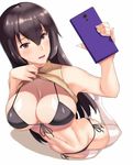  abs bikini bikini_under_clothes black_bikini black_hair breasts brown_shirt cellphone cleavage commentary_request eyebrows_visible_through_hair front-tie_top groin hai_ookami holding holding_phone kantai_collection kneeling large_breasts lifted_by_self long_hair nagato_(kantai_collection) navel open_mouth parted_lips phone red_eyes revision self_shot shadow shiny shiny_skin shirt shirt_lift side-tie_bikini skindentation sleeveless sleeveless_shirt solo sweatdrop swimsuit thighhighs underboob white_legwear 
