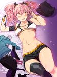  absurdres arms_up bikini_top black_shorts blush bow bra breasts clothes_removed commentary_request hair_bow hat highres idolmaster idolmaster_cinderella_girls jougasaki_mika looking_at_viewer lying medium_breasts menea midriff navel no_panties on_back panties pillow pink_hair pussy_peek short_shorts shorts single_thighhigh solo sweat thighhighs twintails underwear upshorts wristband yellow_eyes 