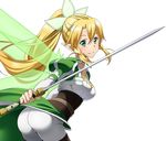  ass blonde_hair braid breasts choker cleavage collarbone green_eyes green_wings hair_between_eyes hair_ornament high_ponytail holding holding_sword holding_weapon leafa leaning_forward long_hair looking_at_viewer medium_breasts official_art pants smile solo standing sword sword_art_online sword_art_online:_code_register transparent_background twin_braids very_long_hair weapon white_pants wings 