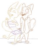  2017 anthro arctic_fox barefoot blush canine clothed clothing dancing denim_shorts disney duo fangs female fox male mammal midriff navel necktie nick_wilde one_eye_closed restricted_palette shorts simple_background skye_(zootopia) standing tggeko white_background zootopia 