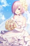  blue_sky blush bouquet bridal_gauntlets bridal_veil cloud cloudy_sky commentary_request cowboy_shot day dress elbow_gloves fate/grand_order fate_(series) flower gloves hair_over_one_eye haru_(hiyori-kohal) holding holding_bouquet mash_kyrielight open_mouth outdoors purple_eyes purple_hair short_hair sky smile solo veil wedding_dress white_dress white_gloves 