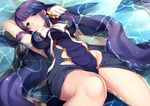  arm_up bangs bare_legs blue_eyes blush breasts commentary_request dress head_tilt large_breasts long_hair looking_at_viewer lying ningyo_hime_(sinoalice) on_back outdoors parted_lips partially_submerged purple_hair ribbon sidelocks sinoalice solo twintails very_long_hair water wet wet_clothes white_ribbon xayux 