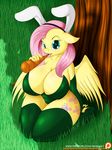 2017 anthro anthrofied breasts carrot cleavage clothed clothing cutie_mark equine fake_ears female fluttershy_(mlp) food friendship_is_magic grass hair hi_res legwear mammal my_little_pony outside patreon pegasus pink_hair solo suirano thigh_highs tongue tongue_out vegetable wings 