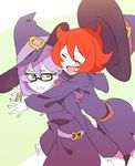  belt bokujoukun closed_eyes croix_meridies glasses green_eyes hat hat_loss hug hug_from_behind little_witch_academia multiple_girls purple_hair red_eyes robe shiny_chariot short_hair sketch sneer witch witch_hat younger 