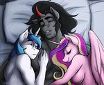  2015 anthro anthrofied bisexual black_hair blue_hair breasts cuddling equine eyes_closed feathered_wings feathers female friendship_is_magic group hair hasana-chan horn king_sombra_(mlp) larger_male lying male male/female male/male mammal my_little_pony nude pillow princess_cadance_(mlp) shining_armor_(mlp) size_difference sleeping unicorn winged_unicorn wings 