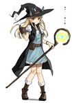  belt black_hat blonde_hair boots bracelet brown_footwear eyebrows_visible_through_hair green_eyes hat holding holding_staff jewelry long_hair looking_at_viewer original pine_(yellowpine112) sketch smile smoke solo staff test_tube wavy_mouth witch_hat 