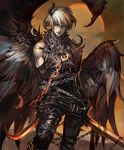  artist_request azazel_(shingeki_no_bahamut) belt chain cygames dual_wielding feathered_wings feathers holding holding_sword holding_weapon horns knife leather official_art shadowverse shingeki_no_bahamut sword tears weapon white_hair white_skin wings 