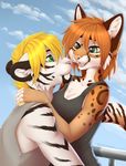  2017 anthro chest_tuft clothed clothing day eyelashes feline female fur green_eyes hug inner_ear_fluff kyotokisha15 leopard male male/female mammal open_mouth outside pink_nose sky smile striped_fur stripes teeth tiger tongue tuft white_fur yellow_eyes 