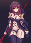  arms_at_sides ass_visible_through_thighs bangs black_legwear breasts commentary_request cowboy_shot fate/grand_order fate_(series) gae_bolg gg-e highres holding holding_weapon long_hair looking_at_viewer medium_breasts midriff navel parted_lips pauldrons purple_eyes purple_hair scathach_(fate)_(all) scathach_(fate/grand_order) smile solo thighhighs veil weapon 