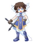  :d armor armored_boots blue_eyes boots brown_hair cape chibi full_body gloves hand_on_hip huge_weapon kso looking_at_viewer open_mouth original short_hair simple_background smile solo sword thighhighs weapon white_background white_legwear 