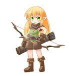  arrow belt blonde_hair boots bow_(weapon) capelet chibi elf full_body gloves green_eyes hair_down hand_on_hip kso long_hair looking_at_viewer original pointy_ears quiver shorts simple_background smile solo weapon white_background 