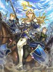  2boys armor blonde_hair boots breasts brown_eyes cleavage cleive company_name day faceless faceless_male fernand_(fire_emblem) fire_emblem fire_emblem_cipher fire_emblem_echoes:_mou_hitori_no_eiyuuou flag helmet horse large_breasts lips matilda_(fire_emblem) mole mountain multiple_boys official_art petals polearm sky sparkle spear takaya_tomohide teeth thigh_boots thighhighs weapon white_hair 
