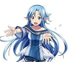  :d asuna_(sao) asuna_(sao-alo) blue_eyes blue_hair blue_shorts collarbone cowboy_shot floating_hair long_hair looking_at_viewer official_art open_mouth outstretched_arms pointy_ears short_shorts shorts smile solo standing sword_art_online sword_art_online:_code_register transparent_background very_long_hair 