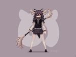  animal_ears antlers artist_name brown_hair full_body holding holding_weapon japari_symbol jtangc kemono_friends legs_apart long_hair long_sleeves looking_at_viewer moose_(kemono_friends) moose_ears pixel_art red_eyes scarf skirt solo standing weapon 