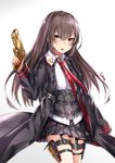  bangs black_coat black_cola black_skirt brown_eyes brown_hair buckle coat collared_shirt corset cowboy_shot eyebrows_visible_through_hair finger_on_trigger girls_frontline gun hair_between_eyes handgun highres holding holding_gun holding_weapon holster legs_together long_hair long_sleeves looking_away looking_up necktie nz_75 nz_75_(girls_frontline) open_clothes open_coat open_mouth pistol pleated_skirt red_neckwear serious shirt signature simple_background skirt solo standing thigh_holster trench_coat unbuckled weapon white_background white_shirt wing_collar 