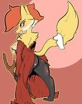  1girl absurdres animal_ears ass badassbaal breasts delphox fang feet fox_ears fox_tail from_behind furry looking_back medium_breasts no_humans open_mouth partially_visible_vulva paws pokemon pokemon_(creature) pokemon_xy red_background red_eyes simple_background solo standing stick tail teeth towel underboob 