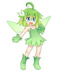  :d ahoge bare_shoulders blue_eyes chibi dress fairy fairy_wings fang full_body gloves green_dress green_hair green_wings hair_ornament kso looking_at_viewer open_mouth original pointy_ears simple_background sleeveless sleeveless_dress smile solo white_background wings 