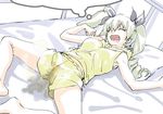 anchovy bedwetting black_bow bow closed_eyes drill_hair drooling girls_und_panzer hair_bow highres kitou_sakeru lying on_back open_mouth pajamas pee peeing peeing_self shorts sleeping solo spread_legs thought_bubble twin_drills 