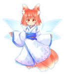  animal_ears chibi fox_ears fox_tail full_body japanese_clothes kimono kso leaf_print looking_at_viewer orange_eyes original paws red_hair short_hair simple_background smile solo tail white_background wings 