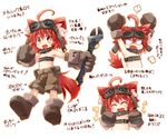  1girl :d =3 ^_^ ahoge angry animal_ears arms_up bandaid bandaid_on_cheek bandaid_on_face bare_shoulders belt_pouch beltbra boots cat_ears cat_tail closed_eyes collar fang flat_chest gloves goggles goggles_on_head kso looking_at_viewer mechanic midriff open_mouth original pouch red_eyes red_hair short_hair shorts simple_background smile tail translated white_background wrench 
