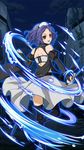  :d black_legwear blue_footwear blue_hair bridal_gauntlets building chess_belle fangs from_behind hairband highres holding holding_sword holding_weapon leg_up long_skirt looking_at_viewer looking_back night open_mouth outdoors owari_no_seraph red_eyes ruins saber_(weapon) sheath shoes skirt smile solo sword weapon white_hairband white_skirt 