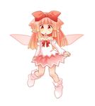  bangs bare_shoulders blunt_bangs bow chibi detached_sleeves dress fairy fairy_wings full_body hair_bow kso long_hair looking_at_viewer open_mouth orange_eyes orange_hair original pointy_ears simple_background solo white_background wings 