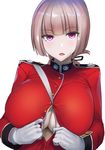  bangs blunt_bangs blush breasts button_gap commentary_request eyebrows_visible_through_hair fate/grand_order fate_(series) florence_nightingale_(fate/grand_order) gloves large_breasts long_hair long_sleeves looking_at_viewer military military_uniform muunyan_(yumenekoya) paizuri_invitation parted_lips pink_eyes pink_hair solo uniform upper_body white_gloves 