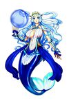  10s 1girl absurdres blue_eyes blue_hair breasts cleavage crown eiwa hair_ornament highres huge_breasts jewelry long_hair matching_hair/eyes mermaid monster_girl orb pointy_ears princess queen&#039;s_blade queen&#039;s_blade_grimoire queen&#039;s_blade_rebellion smile solo tiara tina_(queen&#039;s_blade) 