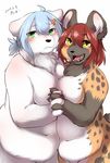  2017 4_fingers :d african_wild_dog ahoge anthro bangs bear belly big_breasts black_claws black_countershading black_fur black_nose black_spots black_tail blue_hair blush breast_squish breasts breasts_frottage canine cheek_tuft chest_tuft claws countershade_face countershade_torso countershading digital_media_(artwork) duo eyebrows_visible_through_hair eyes_visible_through_hair female front_view fur gloves_(marking) green_eyes hair hair_between_eyes hairclip hand_holding inner_ear_fluff interlocked_fingers japanese_text kemono legs_together looking_at_viewer mammal markings mouth_closed multicolored_fur naga_tsukune navel nude open_mouth orange_fur pink_tongue polar_bear ponytail portrait red_hair sharp_claws sharp_teeth short_hair short_tail signature simple_background slightly_chubby smile spots spotted_fur standing teeth text three-quarter_portrait tongue translated tuft white_background white_claws white_countershading white_fur yellow_eyes 