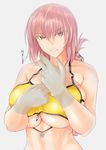  bikini_top braid breasts chaldea_lifesavers commentary_request fate/grand_order fate_(series) florence_nightingale_(fate/grand_order) gachou gloves grey_background large_breasts long_hair looking_at_viewer parted_lips pink_hair red_eyes solo sweat translation_request white_gloves 