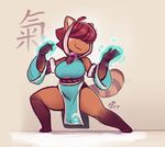  2017 3_toes 4_fingers :3 anthro big_breasts black_fur breasts chinese clothed clothing cute dandan digital_media_(artwork) dress energy female fighting_stance fur hair hair_covering_eyes japanese_clothing kimono lunar_regalia mammal nighthead paws pose red_fur red_hair red_panda ringed_tail short_hair shortstack simple_background smile stripes toes wide_hips 
