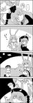  2girls 4koma animal_ears bunny_ears check_translation chinese_clothes comic commentary_request crossed_arms futatsuiwa_mamizou greyscale hat highres junko_(touhou) lap_pillow long_hair monochrome moon multiple_girls necktie night night_sky pom_pom_(clothes) raccoon_tail reisen_udongein_inaba seiza shirt short_sleeves sitting skirt sky smile standing_on_person sweat tail tani_takeshi touhou translation_request trembling wall yukkuri_shiteitte_ne 