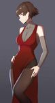  alternate_costume bare_shoulders breasts brown_hair cleavage collarbone detached_sleeves dress evening_gown grey_background hairband hand_on_hip looking_at_viewer medium_breasts niijima_makoto pantyhose persona persona_5 red_dress short_hair side_slit sideways_glance solo vic 