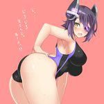  ass blush breasts competition_swimsuit eyepatch fang from_side hand_on_own_ass headgear imo_soba kantai_collection large_breasts leaning_forward looking_at_viewer one-piece_swimsuit open_mouth purple_hair red_background revision short_hair simple_background solo standing swimsuit tenryuu_(kantai_collection) translated twitter_username wet yellow_eyes 