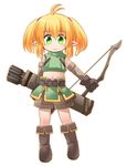  ahoge arrow belt blonde_hair boots bow_(weapon) chibi elf full_body gloves green_eyes kso looking_at_viewer midriff navel original pointy_ears quiver short_hair shorts simple_background sleeveless smile solo twintails weapon white_background 