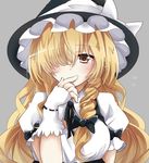  bangs blonde_hair blush bow braid breasts brown_eyes cleavage_cutout collared_shirt commentary covering_mouth curiosities_of_lotus_asia finger_to_mouth fingerless_gloves flying_sweatdrops gloves hair_bow hair_over_one_eye hat kirisame_marisa long_hair looking_at_viewer medium_breasts puffy_short_sleeves puffy_sleeves shirt short_sleeves shy side_braid single_braid solo touhou underbust upper_body very_long_hair wavy_hair white_gloves witch_hat yuki_(snowmaiden) 
