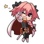  aking astolfo_(fate) black_legwear blush braid cape chibi fang fate/apocrypha fate_(series) garter_straps hair_ribbon highres long_hair looking_at_viewer male_focus one_eye_closed open_mouth otoko_no_ko pink_hair purple_eyes ribbon simple_background single_braid smile solo star thighhighs white_background 