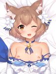  :3 :d animal_ears areolae arm_ribbon bangs bare_shoulders bed_sheet blue_bow blue_choker blue_ribbon blush bob_cut bolo_tie bow bow_dress brown_eyes brown_hair cat_ears choker close-up collarbone commentary_request cross-laced_clothes dakimakura detached_sleeves dress dress_bow dress_pull eyebrows_visible_through_hair eyelashes fang felix_argyle frilled_dress frills front-tie_top hair_between_eyes hair_bow jewelry lace lace-trimmed_dress lace-trimmed_sleeves large_bow layered_dress lips looking_at_viewer lying male_focus nipples off_shoulder on_back one_eye_closed open_mouth otoko_no_ko parted_bangs pendant puffy_chest raised_eyebrows re:zero_kara_hajimeru_isekai_seikatsu ribbon shiny shiny_skin short_eyebrows short_hair smile solo spaghetti_strap strap_slip striped thick_eyebrows upper_body vertical-striped_dress vertical_stripes white_bow yaguo 