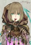  brown_hair cage cloak dated eating eyebrows finger_to_mouth gloves green_eyes gretel_(sinoalice) hansel_(sinoalice) highres holding hood hooded_cloak jingzhongyin lamp lantern long_sleeves looking_at_viewer open_mouth pale_skin patterned_clothing short_hair simple_background sinoalice text_focus 
