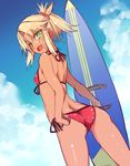  :d ass bikini blonde_hair blue_sky braid breasts cloud cloudy_sky day dutch_angle fang fate/grand_order fate_(series) from_behind front-tie_bikini front-tie_top green_eyes half_updo kurokuro looking_back mordred_(fate)_(all) mordred_(swimsuit_rider)_(fate) open_mouth outdoors red_bikini short_ponytail side-tie_bikini sky small_breasts smile solo surfboard swimsuit tan 