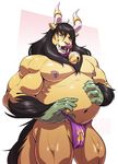  anthro belly big_belly catsudon clothing collar dragon feline fundoshi hybrid japanese_clothing licking licking_lips lion looking_at_viewer male mammal muscular nipple_piercing nipples piercing solo tongue tongue_out underwear 