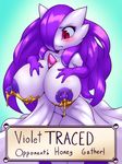  big_breasts big_nipples blush breasts clothed clothing female gardevoir hair hand_on_breast honey huge_breasts lactating nintendo nipples pok&eacute;mon purple_hair solo thefuckingdevil topless video_games 