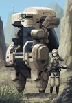  absurdres adjusting_headset belt black_footwear black_gloves blue_eyes boots collarbone desert gloves grey_hair gun headset highres holding holding_gun holding_weapon looking_away mecha military military_uniform original plant radio_antenna rifle robot rock science_fiction t@kuyoa uniform weapon 