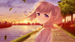  blush looking_at_viewer looking_back original outdoors parted_lips pink_hair purple_eyes smile solo sun sunset tsuyuta_kome twintails upper_body wind 