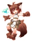  :d ahoge animal_ears bare_shoulders belt_pouch boots brown_hair chibi crop_top fang full_body gloves kso looking_at_viewer midriff navel open_mouth orange_eyes original pouch shorts simple_background smile solo tail white_background wolf_ears wolf_tail 