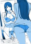  arisawa_masaharu ass bathroom breasts cleavage copyright_request finger_to_chin highres large_breasts long_hair looking_at_viewer mirror monochrome navel nipples pubic_hair see-through sketch smile thighs 