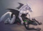  2017 3_toes anthro bioluminescence dragon duo erection from_behind_position fur glowing green_eyes hi_res horn klongi looking_back lying mammal on_front penis scales scalie sergal sex simple_background toes wings 