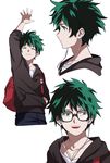  :d ^_^ alternate_costume bag boku_no_hero_academia casual closed_eyes collarbone earphones freckles from_side glasses green_eyes highres long_sleeves looking_at_viewer male_focus midoriya_izuku multiple_views open_mouth pants shi_er_xian shirt simple_background smile waving white_background white_shirt 