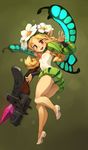  blonde_hair blue_wings bow_(weapon) bug butterfly crossbow flower green_background hair_flower hair_ornament highres insect long_hair mercedes odin_sphere pointy_ears red_eyes smile solo thighs twintails weapon wings xavier_houssin 