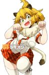  1girl :d absurdres animal_ears aono3 bangs bare_arms blonde_hair breast_pocket breasts character_name cowboy_shot eyebrows_visible_through_hair eyes_visible_through_hair fang fur_collar hair_between_eyes hands_up head_tilt highres hips japari_symbol kemono_friends leg_up lion_(kemono_friends) lion_ears lion_tail looking_at_viewer medium_hair open_mouth paw_pose plaid plaid_neckwear plaid_skirt plaid_sleeves pocket red_neckwear red_skirt shirt shoes short_sleeves simple_background skirt smile solo standing standing_on_one_leg tail thighhighs white_background white_shirt yellow_eyes zettai_ryouiki 